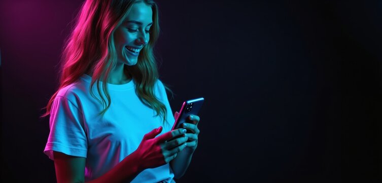 Young woman holds smartphone, smiles, happy. She uses mobile phone in blue, pink neon light on dark backdrop. Girl enjoys social media, digital communication, modern tech, online world. - Powered by Adobe