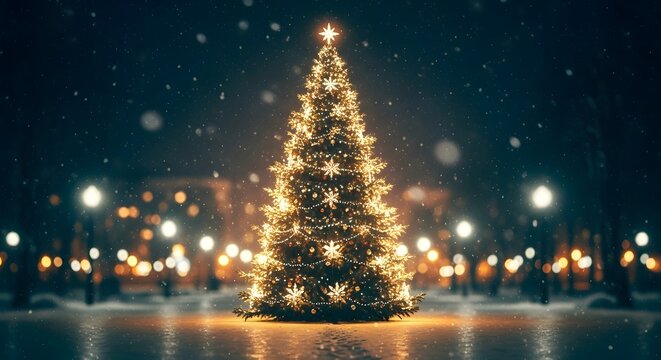 Illuminated Christmas tree in snowy night park with bokeh lights snowing