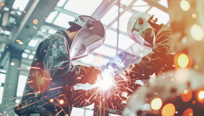 Two welders wearing protective gear work intensely on metal with bright sparks flying