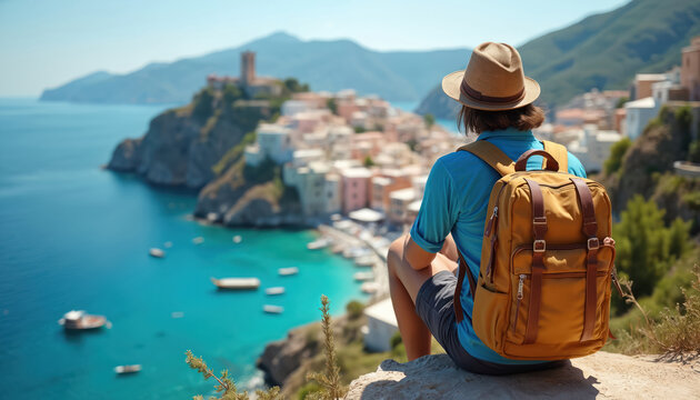 Traveler with backpack sits on cliff, looking at picturesque coastal town view. Person wears hat, enjoys amazing blue sea, colorful houses, small boats in harbor below. Sunny day adventure, exploring