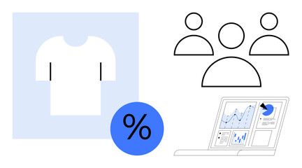 Shirt icon, percentage sign, team figures, and laptop with analytics dashboard. Ideal for marketing, e-commerce, analytics, sales strategy customer behavior teamwork online retail. Simple flat