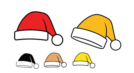 Illustration of five Santa hats in different colors: red, yellow, black, brown, and light yellow.