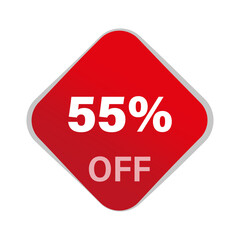 Discount offer vector. Fifty five percentage reduction. 55 percent savings. Red square button.
