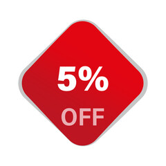 Discount offer vector. Five percentage reduction. 5 percent savings. Red square button.