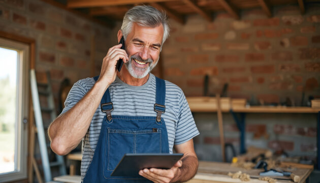 Older carpenter with gray beard speaks on cell phone while holding tablet. He stands in his workshop with tools and wood on workbench, looking happy.