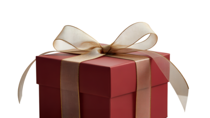 Luxurious red gift box with beautiful goldden ribbon on white background