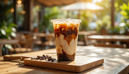 Enjoy a delicious iced caramel latte on a sunny cafe patio, perfect for summer promotions and coffee shop marketing with a refreshing aesthetic.