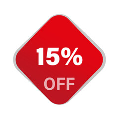 Discount offer vector. Fifteen percentage reduction. 15 percent savings. Red square button.