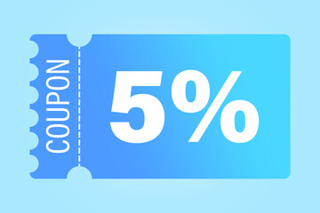 Discount coupon vector. Five percentage reduction. 5 percent savings. Light blue background.