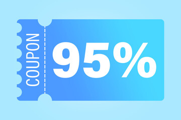 Discount coupon vector. Ninety five percentage reduction. 95 percent savings. Light blue background.