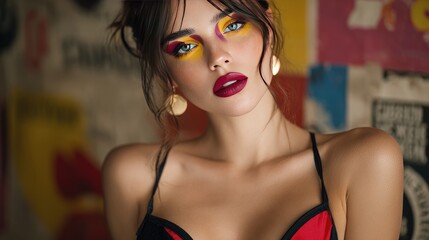 Naklejka premium Vibrant Fashion Portrait: Bold Makeup and Stylish Attire in Urban Setting