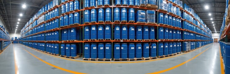 Panorama of blue barrels on racks in warehouse. Interior of distribution center with chemicals. Storage in industrial hangar. Large industrial stock with raw material products in container on shelves.