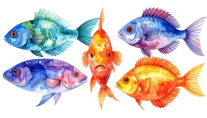Colorful watercolor illustration featuring an assortment of vibrant fish species