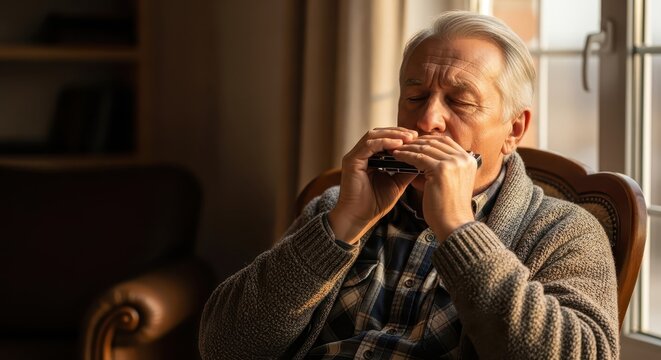 Elderly man playing harmonica while sitting in an armchair indoors