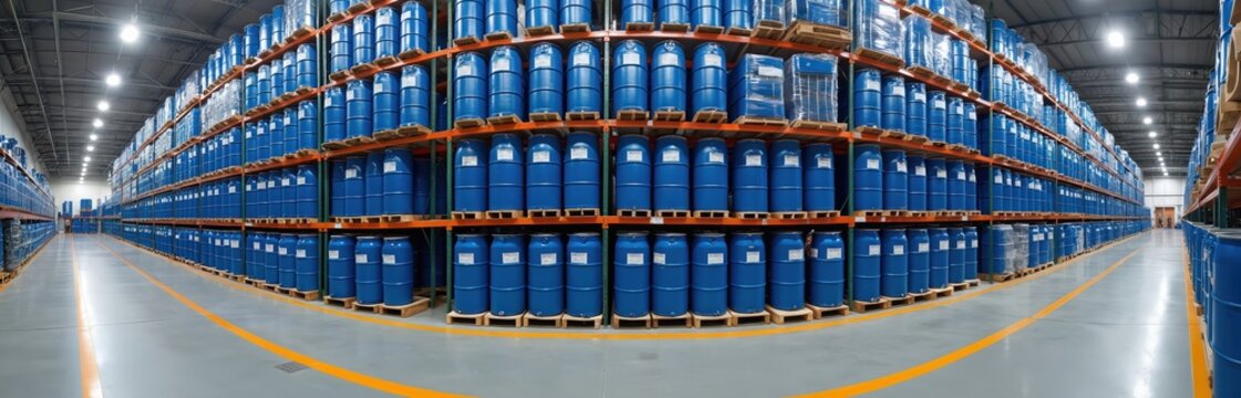Panorama of blue barrels on racks in warehouse. Interior of distribution center with chemicals. Storage in industrial hangar. Large industrial stock with raw material products in container on shelves.