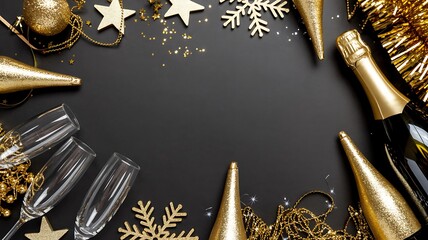 Festive New Year Celebration with Golden Decorations and Champagne Bottles