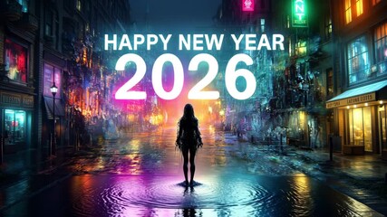 Figure standing on a street in a glitchy cyberpunk city with happy new year 2026 text - Powered by Adobe