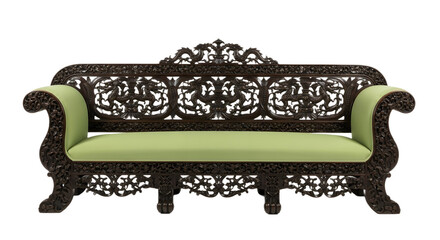 Ornate dark wood sofa with light green cushions on transparent background