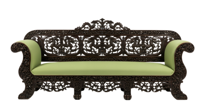 Ornate dark wood sofa with light green cushions on transparent background