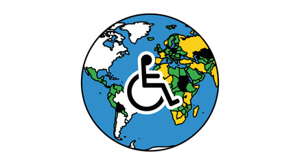A world map showcasing disability awareness with a wheelchair symbol overlaid.
