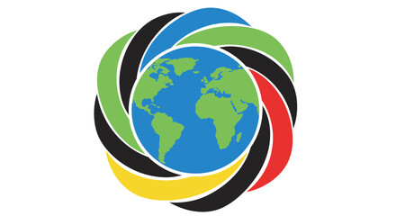 World map encircled by interwoven rings in green, black, red, yellow, and white.