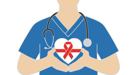 A medical professional holding a heart symbol with a red ribbon.