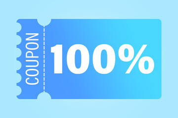 Discount coupon vector. One hundred percentage reduction. 100 percent savings. Light blue background.