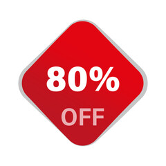 Discount offer vector. Eighty percentage reduction. 80 percent savings. Red square button.