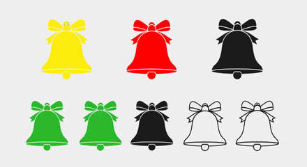 A collection of six bell icons, each adorned with a bow, presented in various colors and black and white.
