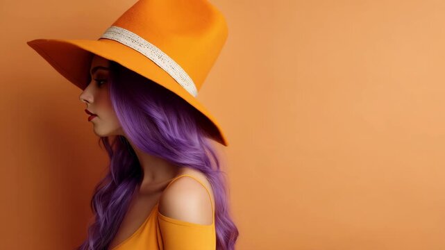 Stylish model with purple hair and orange hat posing against a matching background, copy space
