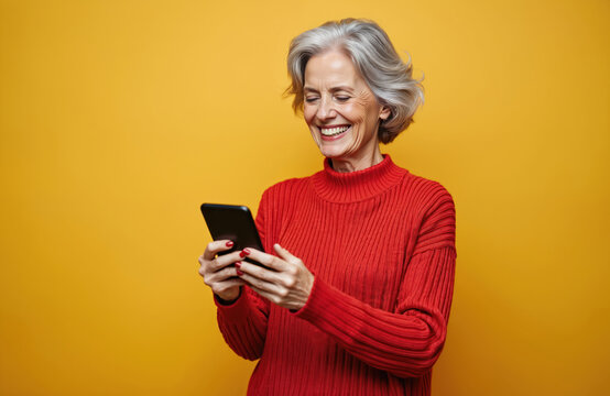 Happy senior woman uses smartphone for calls and social media. She smiles while texting messages and using mobile apps, enjoying digital communication. Her device is in hand.