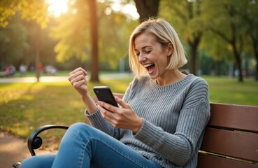 Young woman rejoices while looking at her phone on a park bench. She shows a happy wow face and celebrates a win. Outdoors with trees and sunlight.