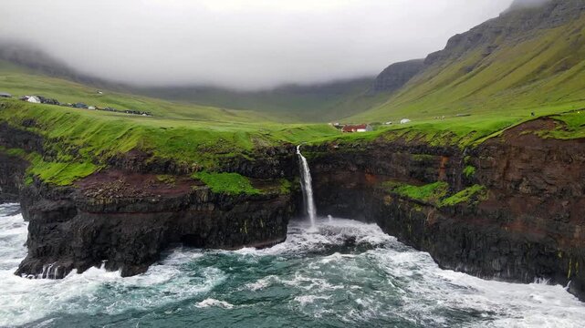 Mulafossur Waterfall and Gasadalur Village, Faroe Islands
