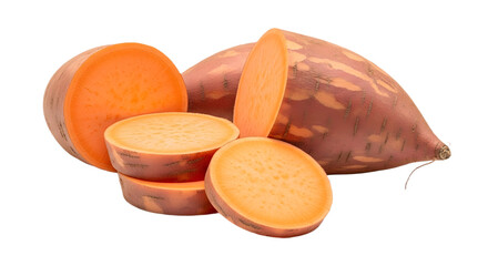 A sweet potato with slices on transparent background