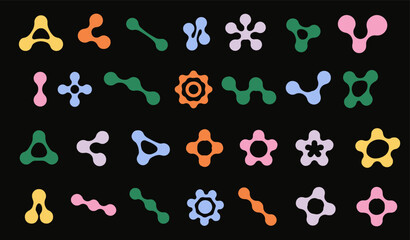Set of colorful sci-fi futuristic metaball pictograms, icons and shapes on a black background. Big collection of symbols for chemistry and science related topics.