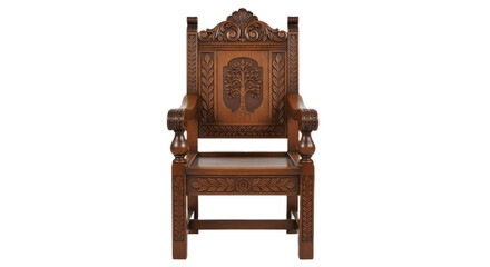 Ornate wooden chair with tree carving on the back on transparent background