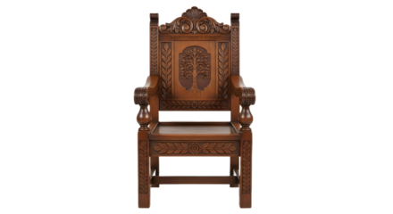 Ornate wooden chair with tree carving on the back on transparent background