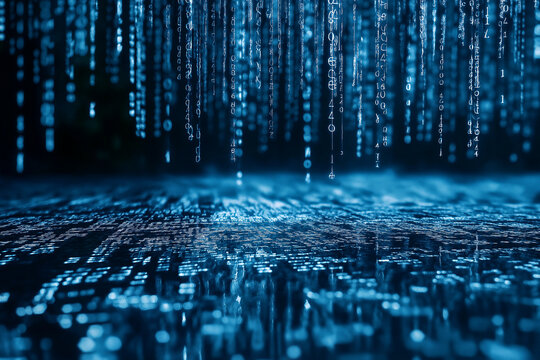 Abstract digital binary code falling like rain on a reflective surface, tech concept