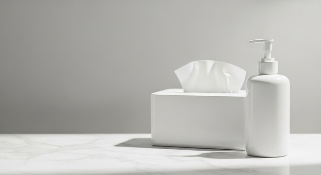 Hand sanitizer bottle next to tissue box on clean countertop  