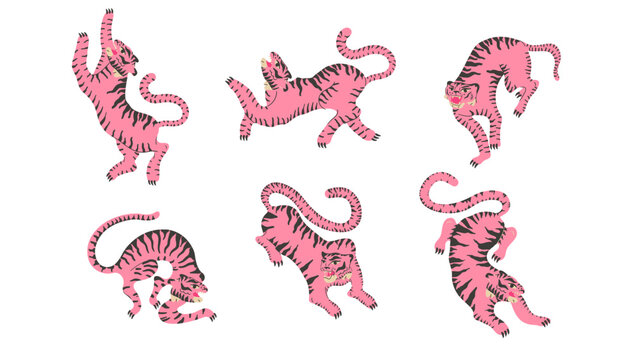 Funky animal walk bundle with isolated tiger doodle tattoo print set.