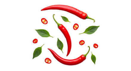 Red chili peppers and leaves on transparent background