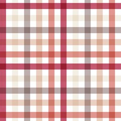 Seamless plaid pattern with intersecting lines forming a tartan design. The colors include shades of red, beige, taupe, and white. Ideal for backgrounds, textiles, fashion, and seasonal designs.