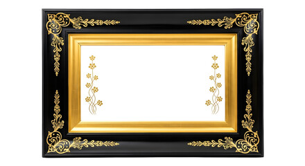 Ornate black and gold frame with floral accents on transparent background