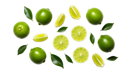 Scattered limes and leaves on transparent background