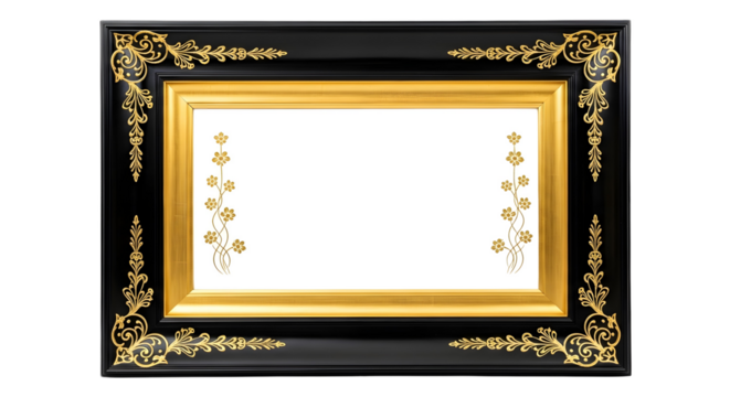 Ornate black and gold frame with floral accents on transparent background