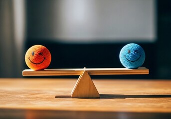 wooden chair and ball, Two winking faces balance on scales. Orange, blue spheres represent positive sentiment assessment. Emotions balance. Image for AI based feedback evaluation, opinion research. Bu