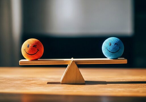 wooden chair and ball, Two winking faces balance on scales. Orange, blue spheres represent positive sentiment assessment. Emotions balance. Image for AI based feedback evaluation, opinion research. Bu
