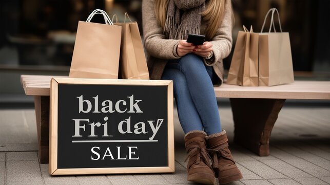 A scene of a shopper engaged in mobile shopping, surrounded by shopping bags and a sign promoting the Black Friday Sale, embodying retail frenzy. - Powered by Adobe