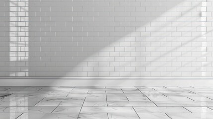 Fototapeta premium A clean, bright, and modern bathroom interior featuring glossy white glazed subway tiles on the wall, often with a minimalist bathtub. Represents hygiene and contemporary design.