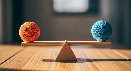 wooden chair and ball, Two winking faces balance on scales. Orange, blue spheres represent positive sentiment assessment. Emotions balance. Image for AI based feedback evaluation, opinion research. Bu